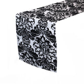 12 x 108 in Flocking Damask Table Runner Black and White