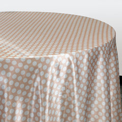 132 inch Satin Round Tablecloth Peach and White Polka Dots