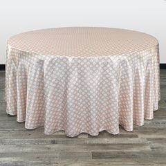 132 inch Satin Round Tablecloth Peach and White Polka Dots