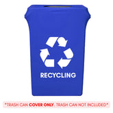 23 Gallon Spandex Slim Jim Narrow Trash Can Cover Royal Blue With Recycling Logo