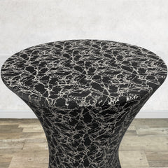 30 inch Highboy Cocktail Round Stretch Spandex Table Cover Black With Silver Marbling