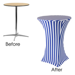 30 inch Highboy Cocktail Round Spandex Table Cover Royal Blue and White Striped