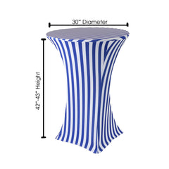 30 inch Highboy Cocktail Round Spandex Table Cover Royal Blue and White Striped