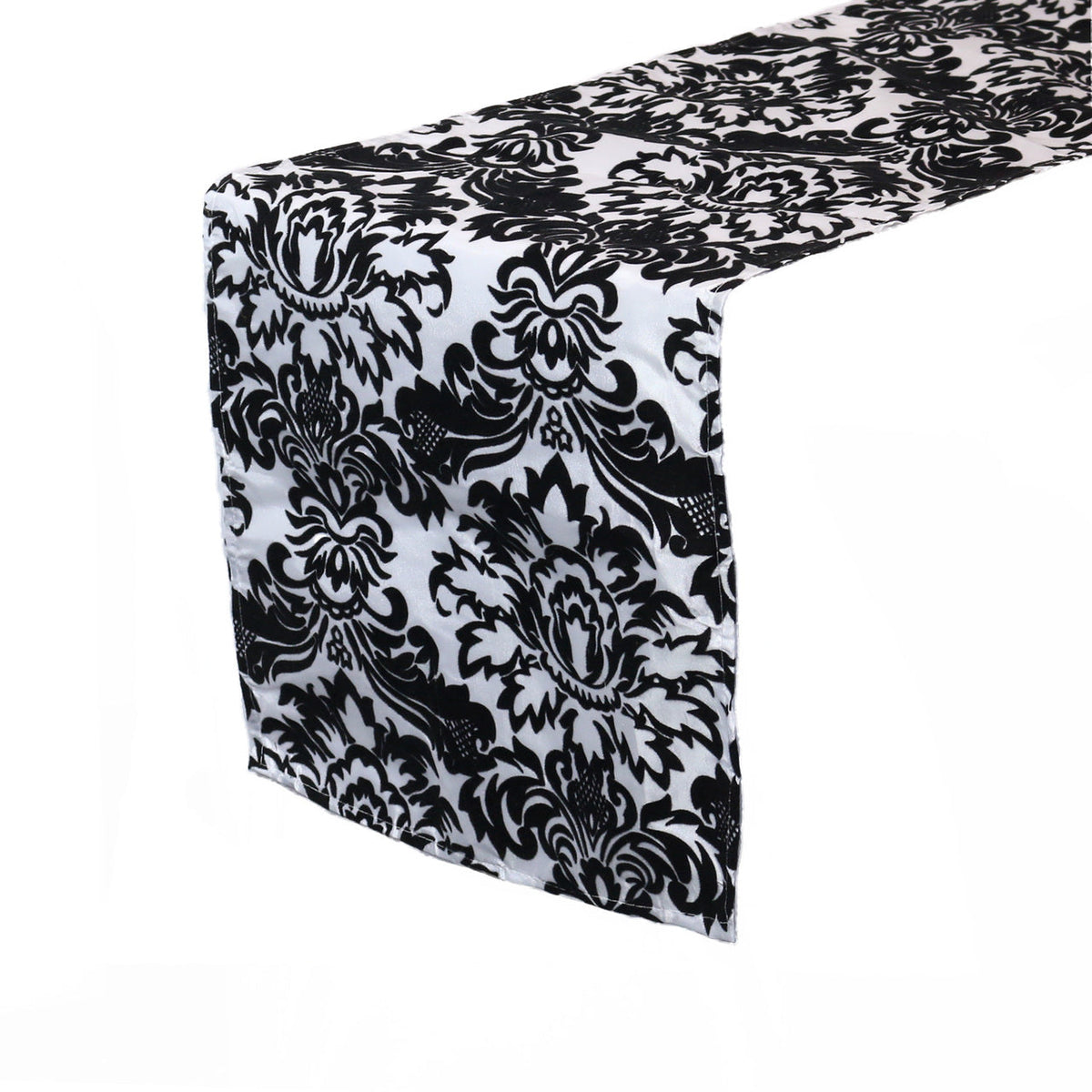 12 x 108 in Flocking Damask Table Runner Black and White