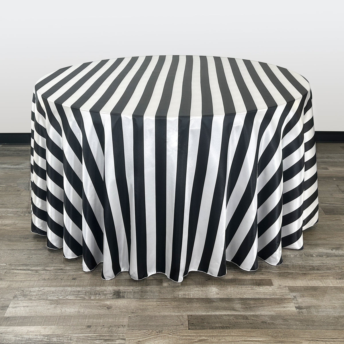 120 inch Satin Round Tablecloth Black/White Striped