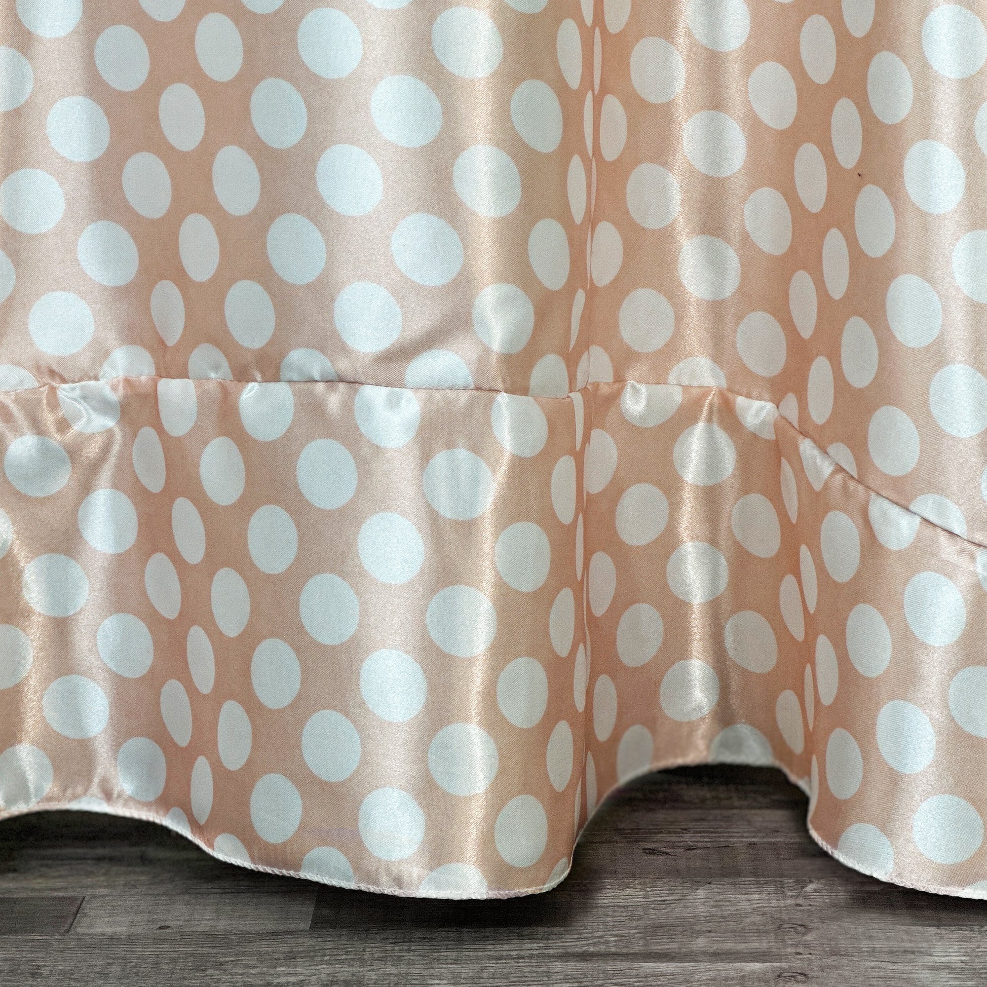 132 inch Satin Round Tablecloth Peach and White Polka Dots