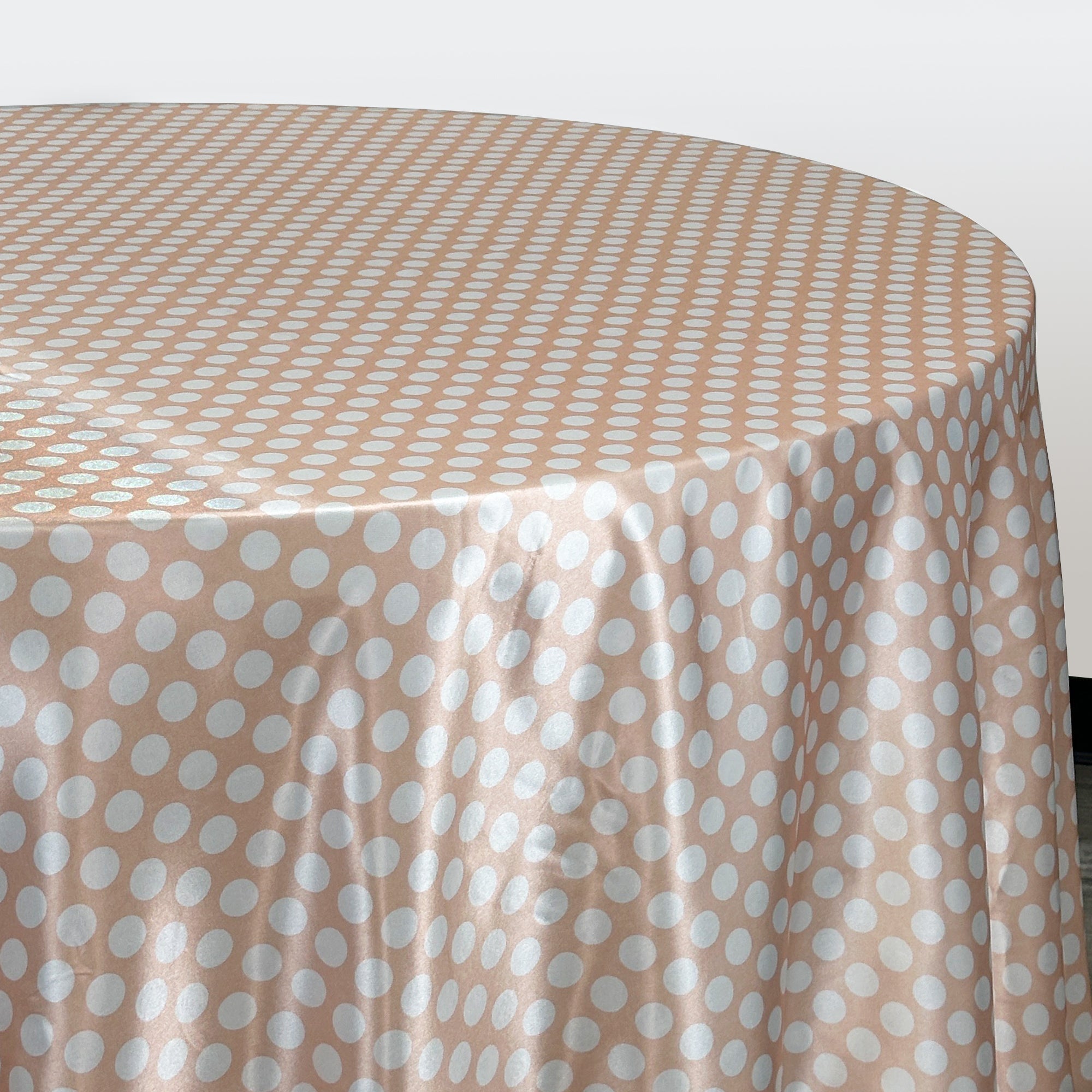 132 inch Satin Round Tablecloth Peach and White Polka Dots