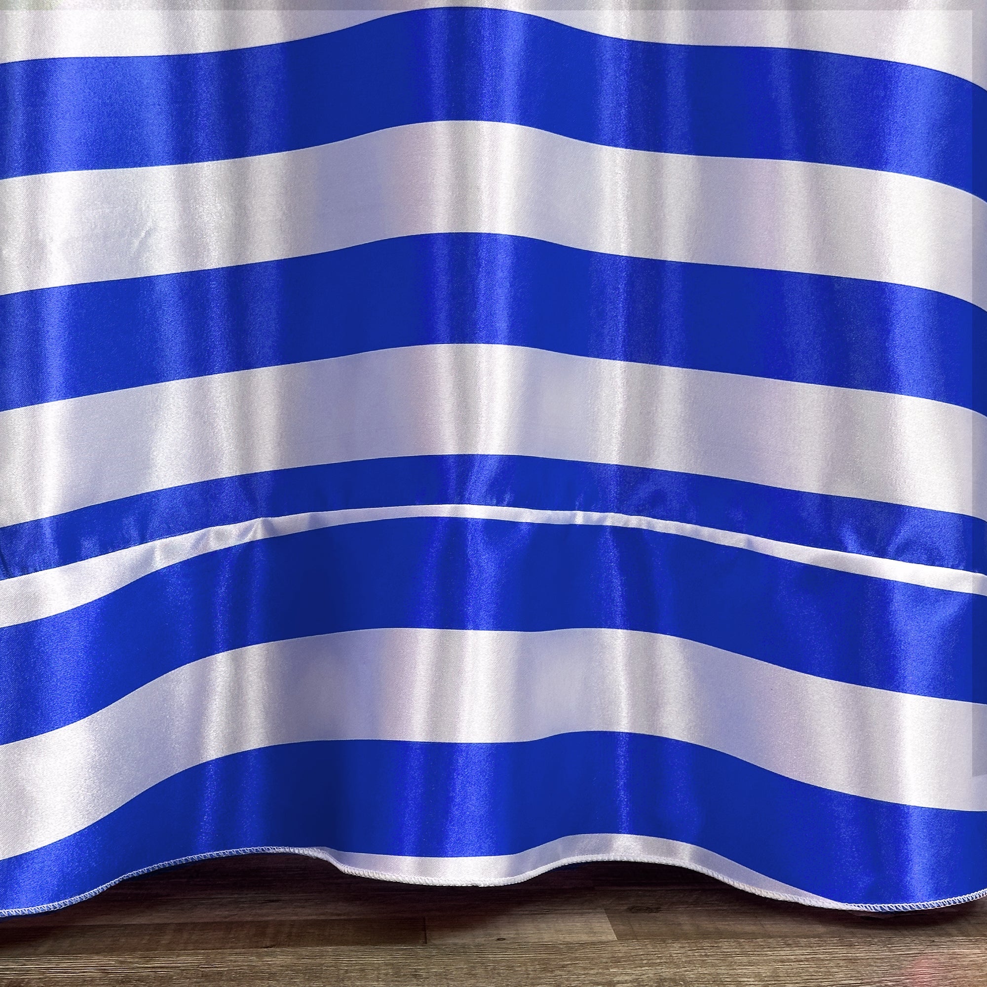 132 inch Satin Round Tablecloth Royal Blue and White Striped