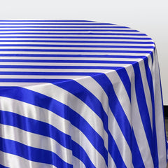 132 inch Satin Round Tablecloth Royal Blue and White Striped
