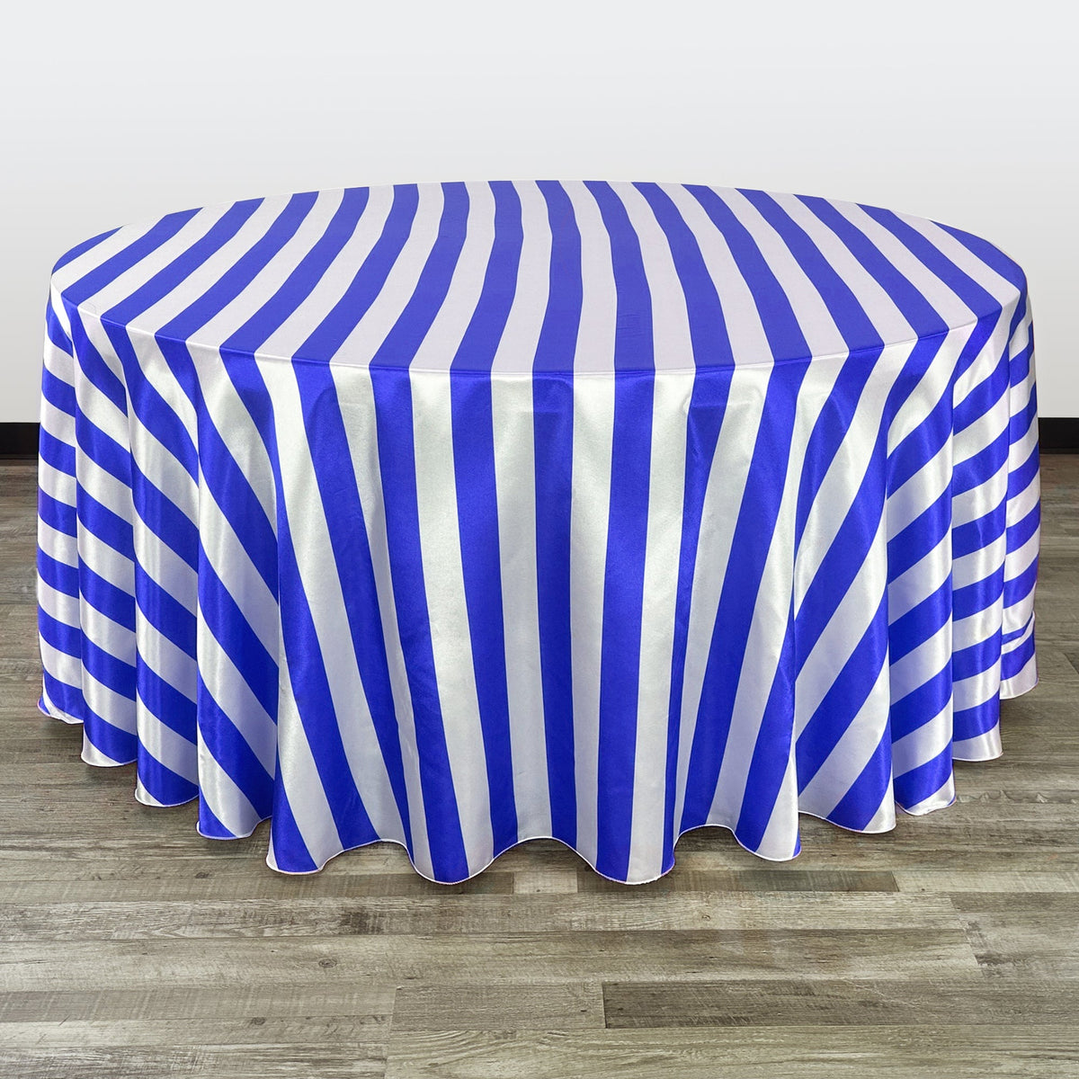132 inch Satin Round Tablecloth Royal Blue and White Striped