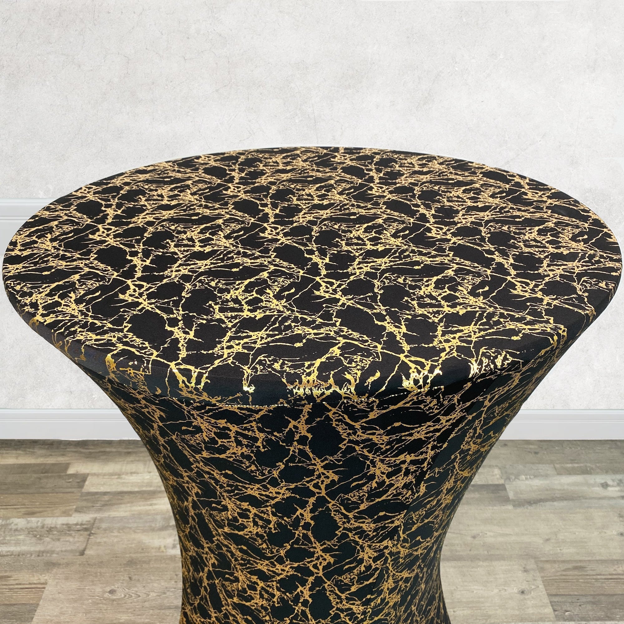 30 inch Highboy Cocktail Round Stretch Spandex Table Cover Black With Gold Marbling