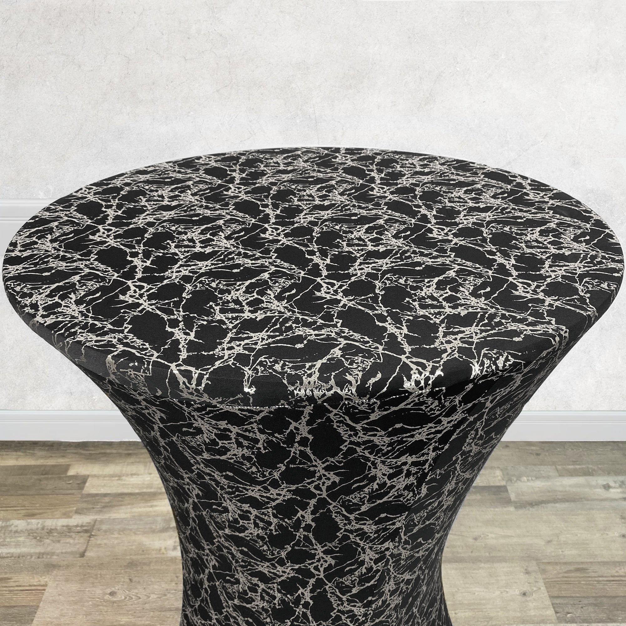 30 inch Highboy Cocktail Round Stretch Spandex Table Cover Black With Silver Marbling