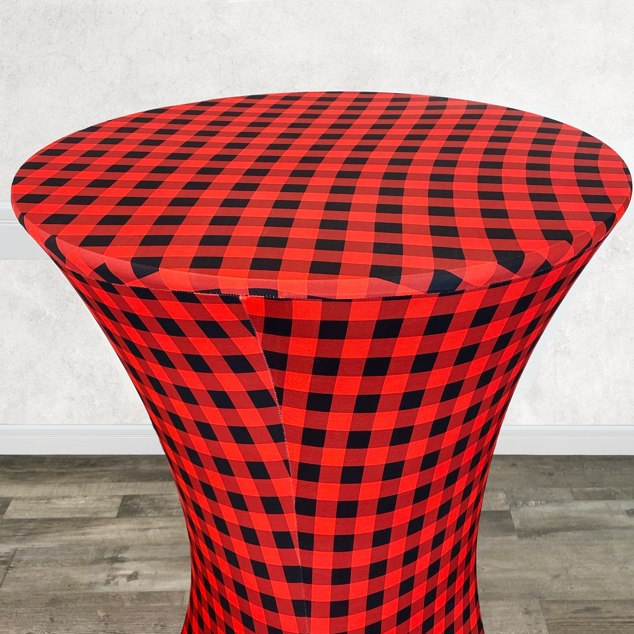 30 Inch Highboy Cocktail Round Stretch Spandex Table Cover Red Buffalo Plaid