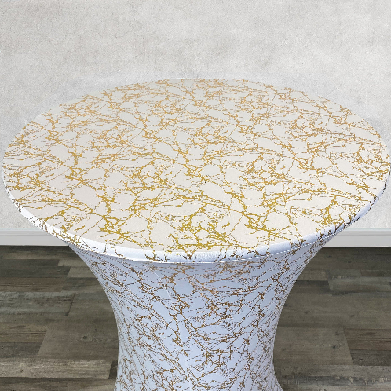 30 inch Highboy Cocktail Round Stretch Spandex Table Cover White With Gold Marbling