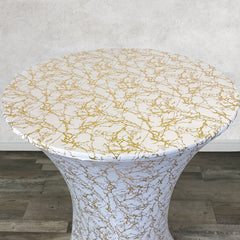 30 inch Highboy Cocktail Round Stretch Spandex Table Cover White With Gold Marbling