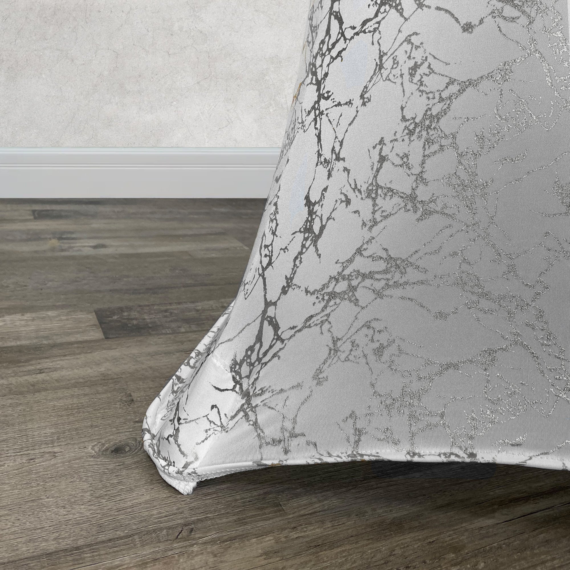 30 inch Highboy Cocktail Round Stretch Spandex Table Cover White With Silver Marbling
