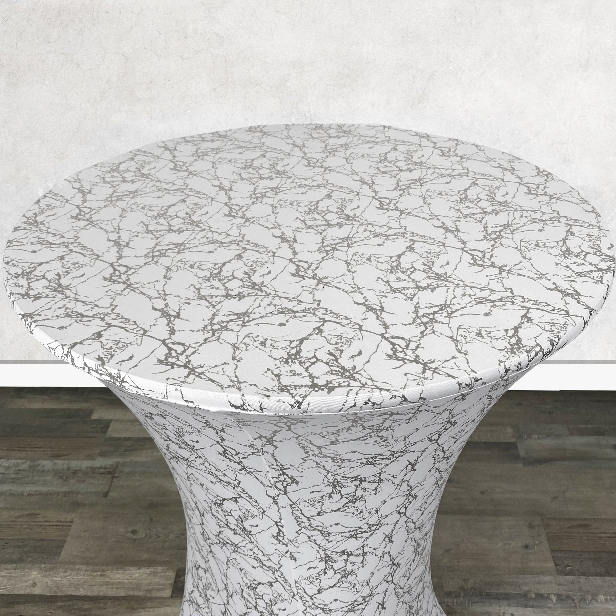 30 inch Highboy Cocktail Round Stretch Spandex Table Cover White With Silver Marbling