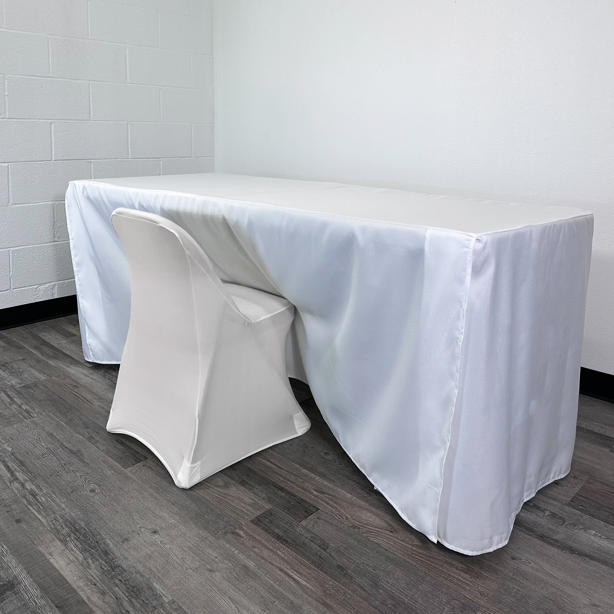 6 ft Fitted Slit Open Back Polyester Rectangular Tablecloth White
