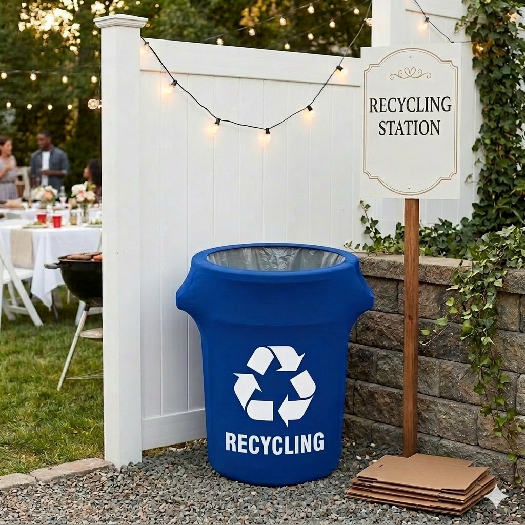 32 Gallon Spandex Trash Can/Waste Container Cover Royal Blue With Recycling Logo