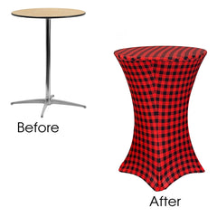 30 Inch Highboy Cocktail Round Stretch Spandex Table Cover Red Buffalo Plaid