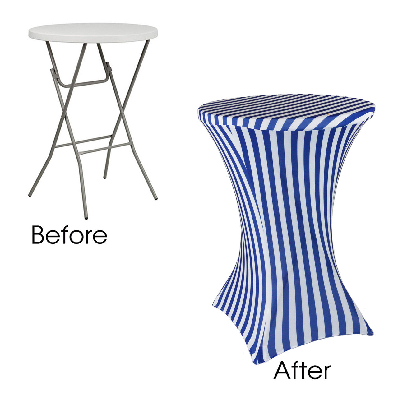 30 inch Highboy Cocktail Round Spandex Table Cover Royal Blue and White Striped