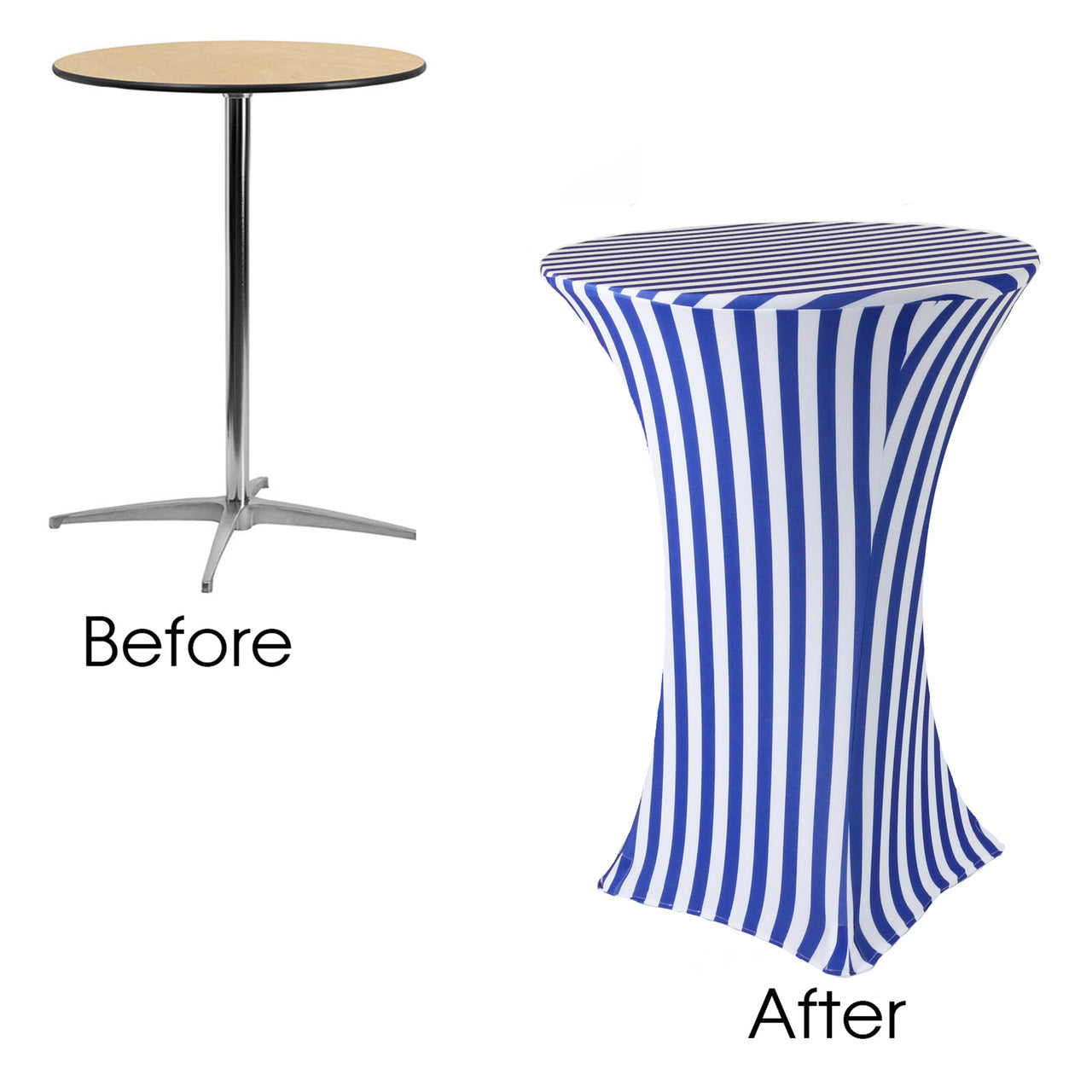 30 inch Highboy Cocktail Round Spandex Table Cover Royal Blue and White Striped