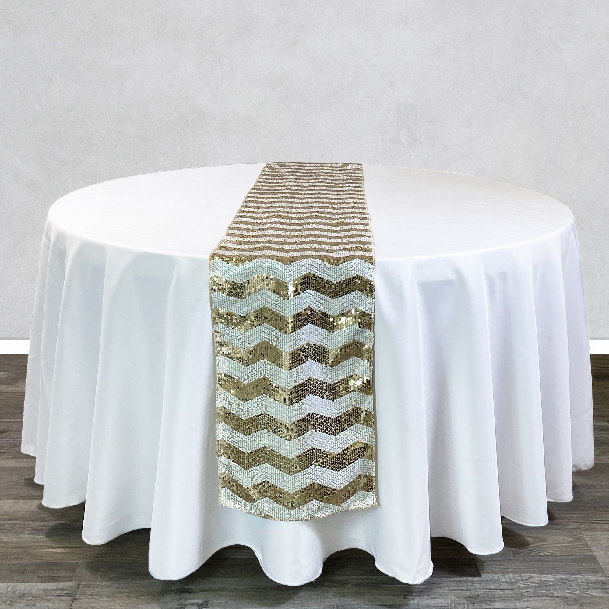 14 x 108 inch Chevron Sequin Table Runner White and Champagne