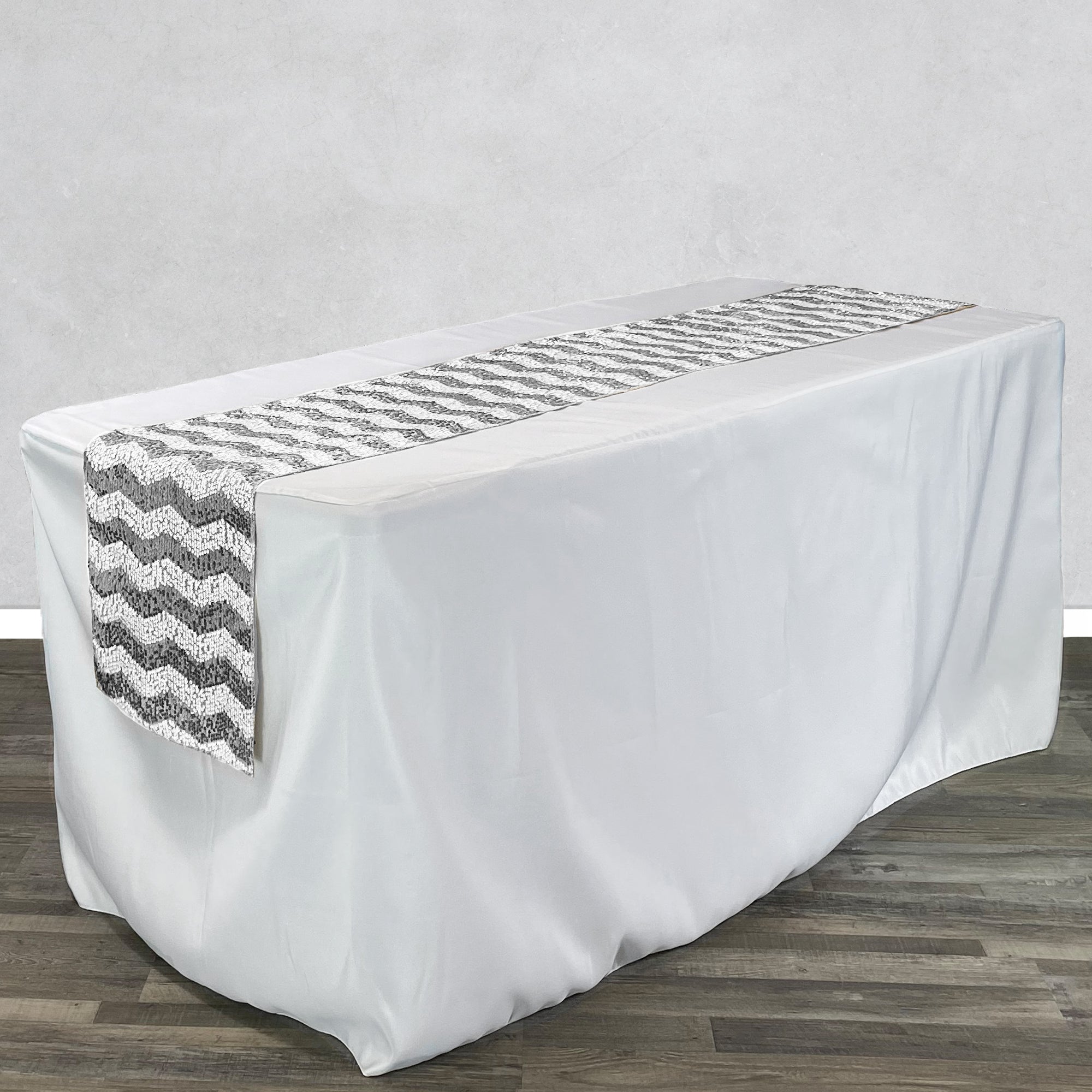 14 x 108 inch Chevron Sequin Table Runner White and Silver