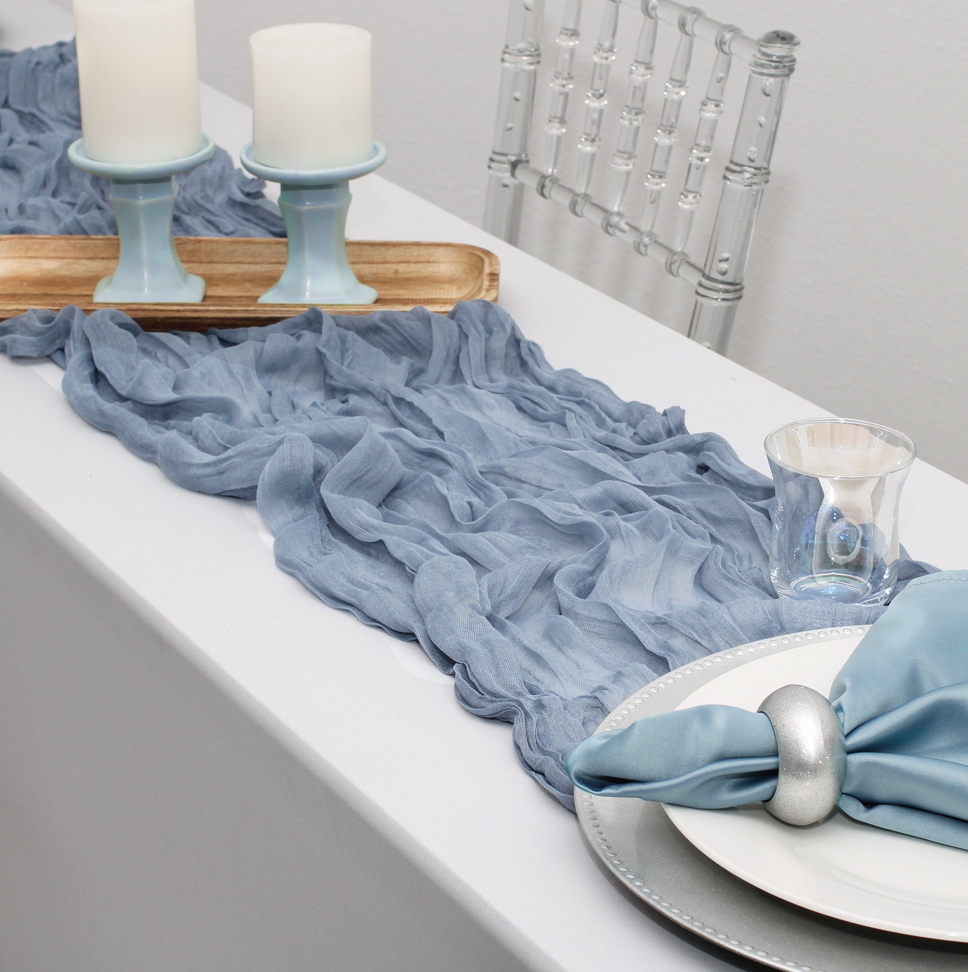 35 in X 10 ft Gauze Cheesecloth Table Runner Dusty Blue