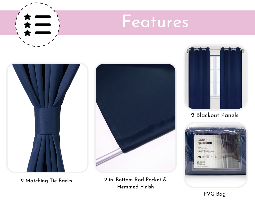 42 X 84 Inch Blackout Polyester Curtains with Grommets Navy Blue - 2 Panels