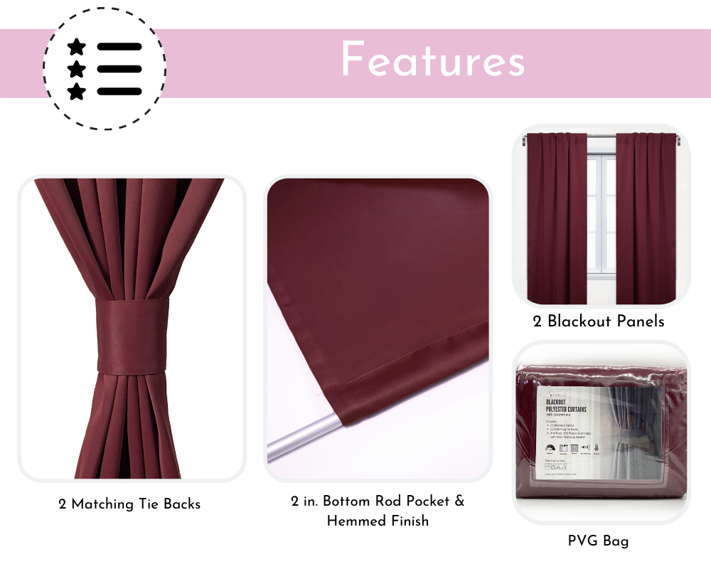 42 X 63 Inch Blackout Polyester Curtains with Rod Pocket Burgundy - 2 Panels