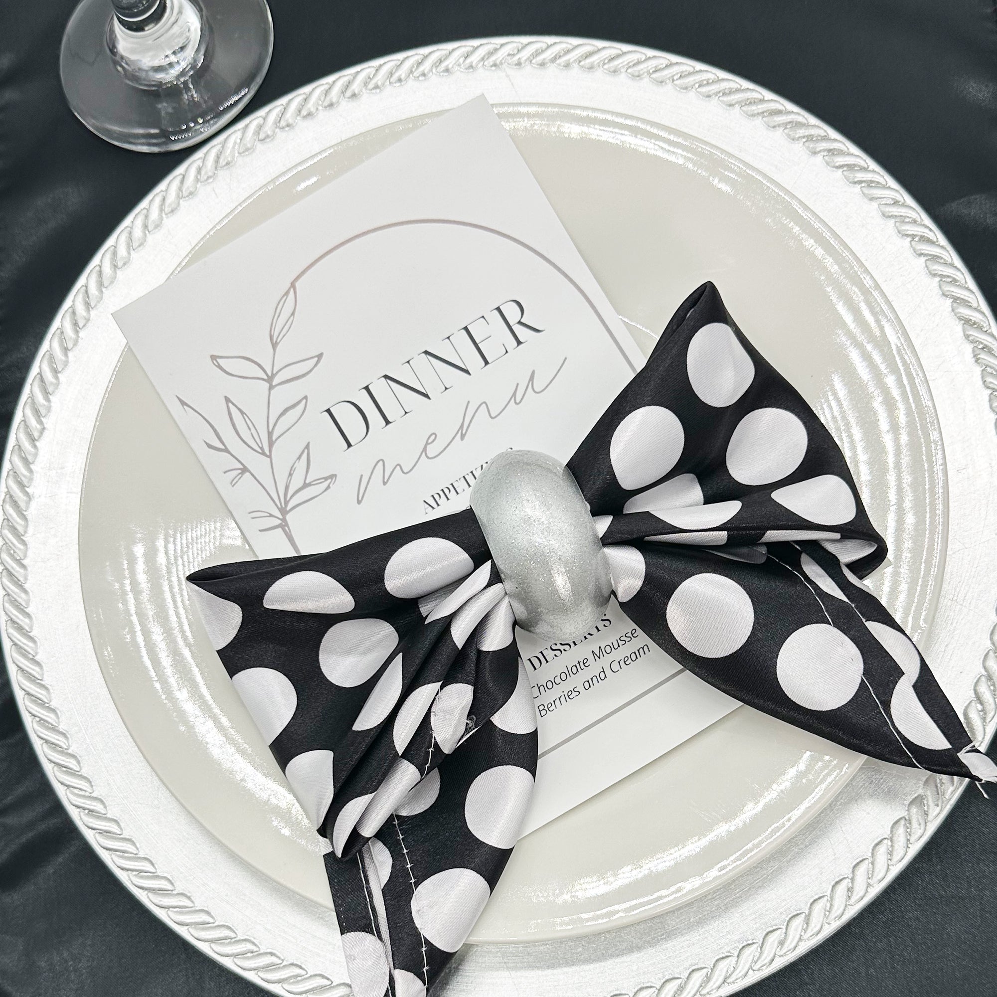 20 inch Satin Cloth Napkins Black and White Polka Dots (Pack of 10)