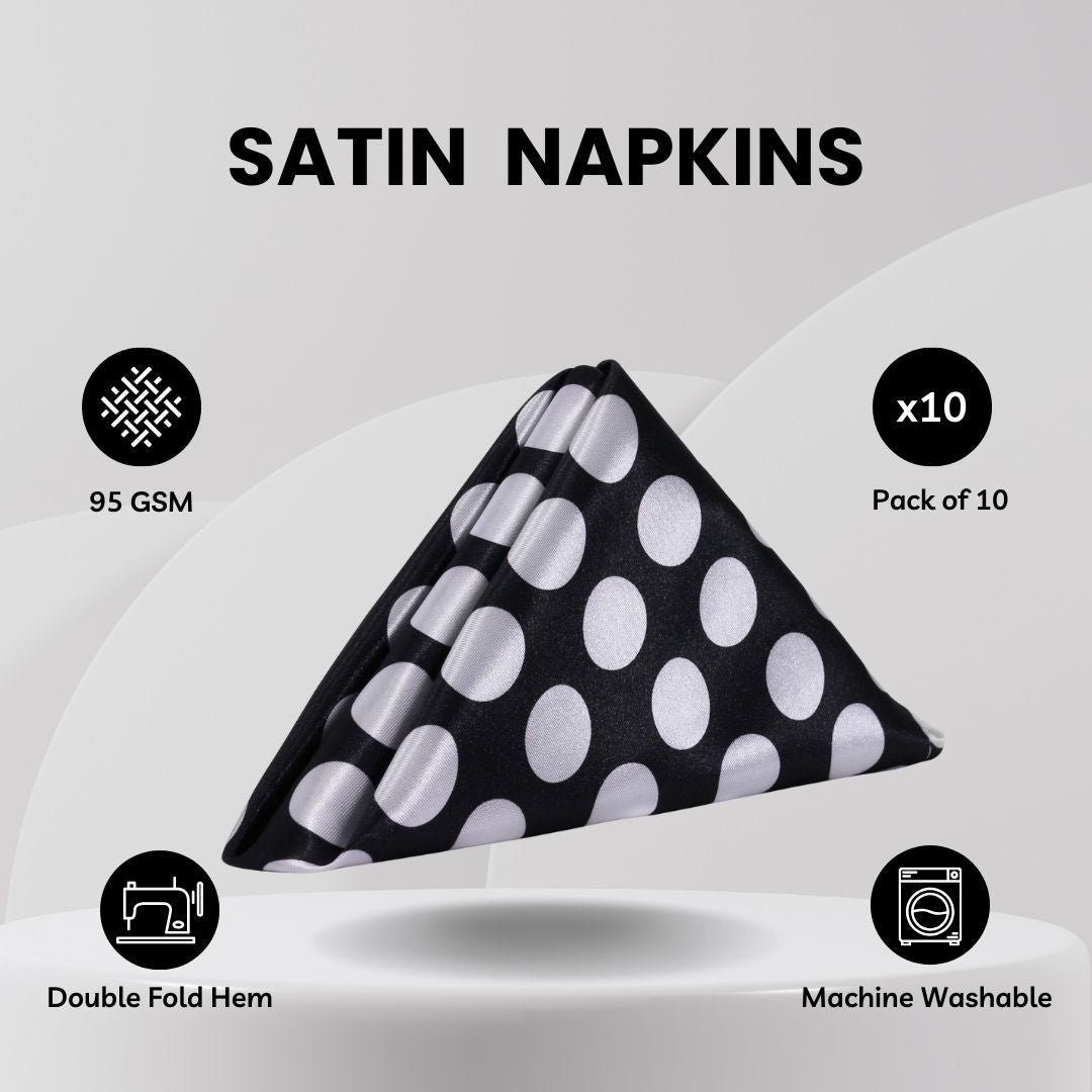 20 inch Satin Cloth Napkins Black and White Polka Dots (Pack of 10)